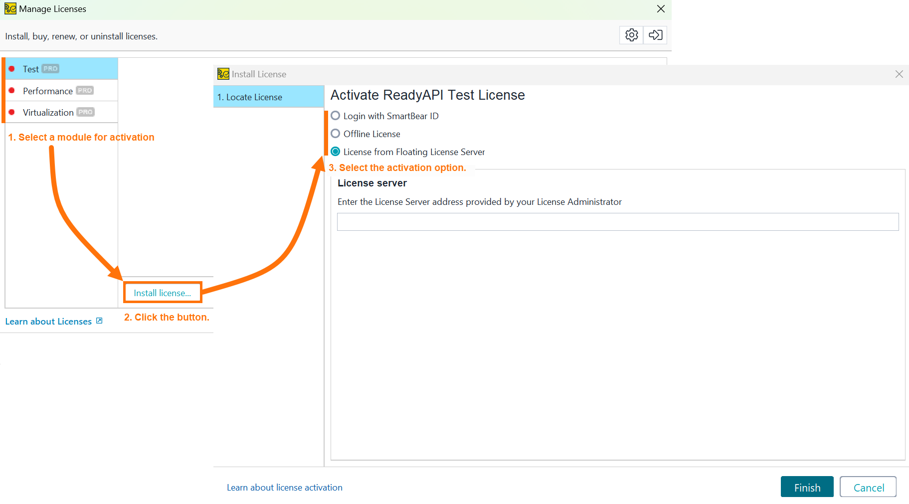 Screenshot of ReadyAPI showing how to open the Install License dialog from the License Manager, with steps to select a module, click Install License, and choose an activation option.