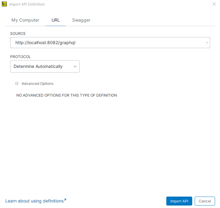 Import GraphQL API from URL Import API Definition dialog in ReadyAPI showing a GraphQL endpoint URL entered in the Source field.