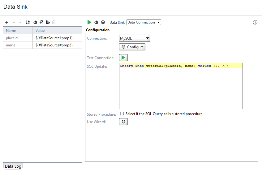 Data Connection DataSink: SQL query example