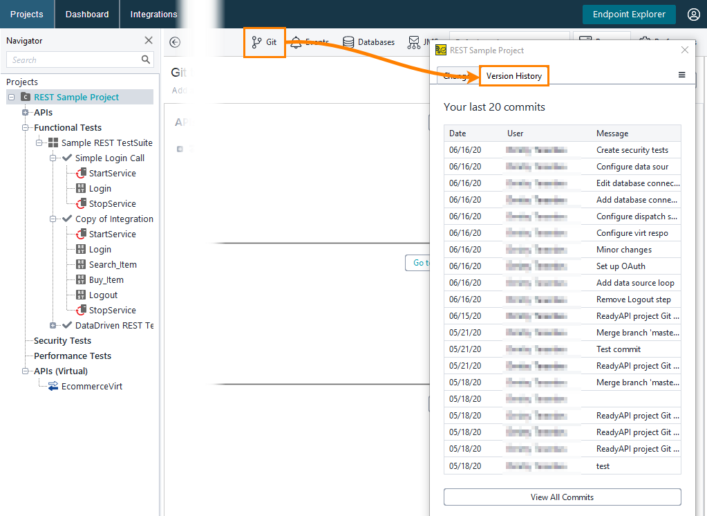 Git integration in ReadyAPI: View commit history