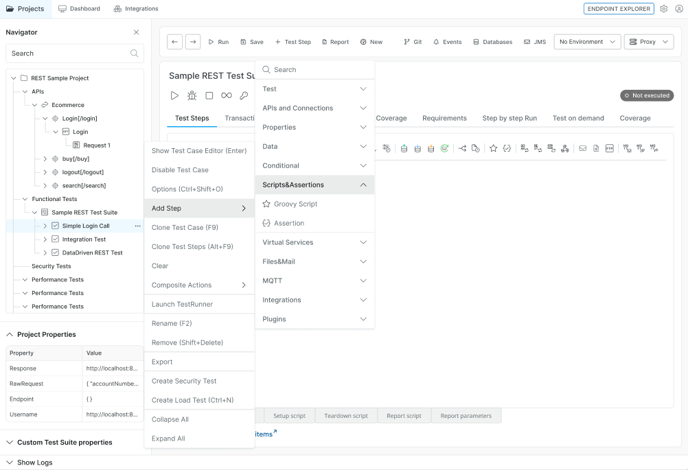 Screenshot of Sample REST Project in ReadyAPI after the UI redesign, highlighting the updated interface for adding test steps.