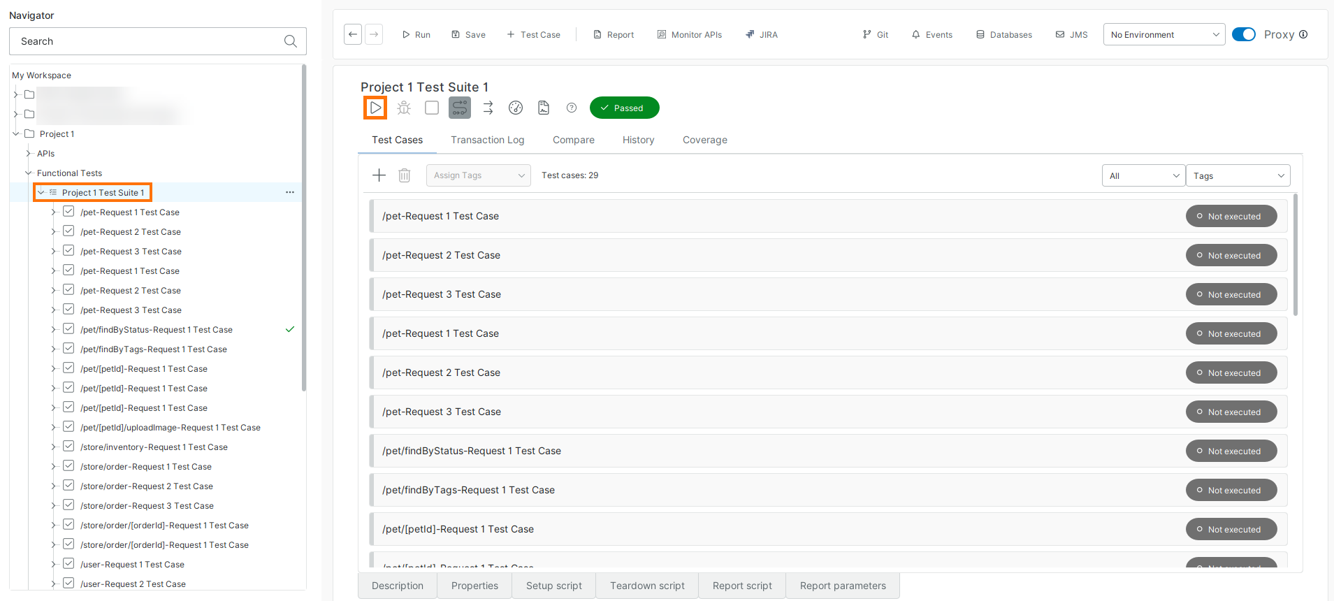 Run a test suite from the ReadyAPI editor ReadyAPI Navigator with a test suite selected and the Run button highlighted to execute all test cases in the suite.
