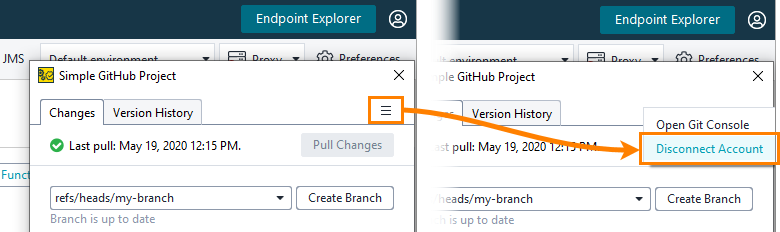Disconnecting Git account from the Git panel Disconnecting Git account from the Git panel