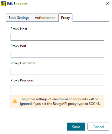 Environments in ReadyAPI: The proxy options in the Endpoints & Environments editor Environments in ReadyAPI: The proxy options in the Endpoints & Environments editor