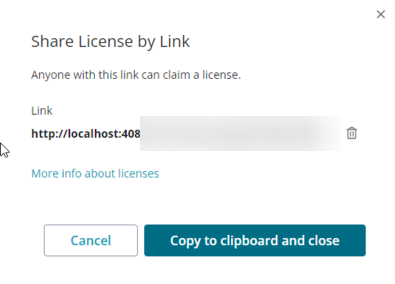 Screenshot of the Share License by Link dialog in SmartBear License Management. A unique invitation link is displayed, allowing anyone with the link to claim a license. The dialog includes options to delete the link, cancel, or copy the link to clipboard with the button “Copy to clipboard and close.” A help link labeled “More info about licenses” is also available.