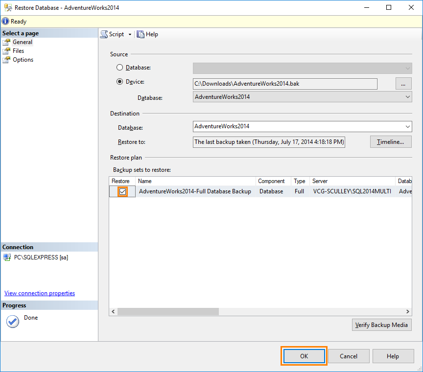 SQL Server Management Studio: Restore Database dialog with a backup in the list