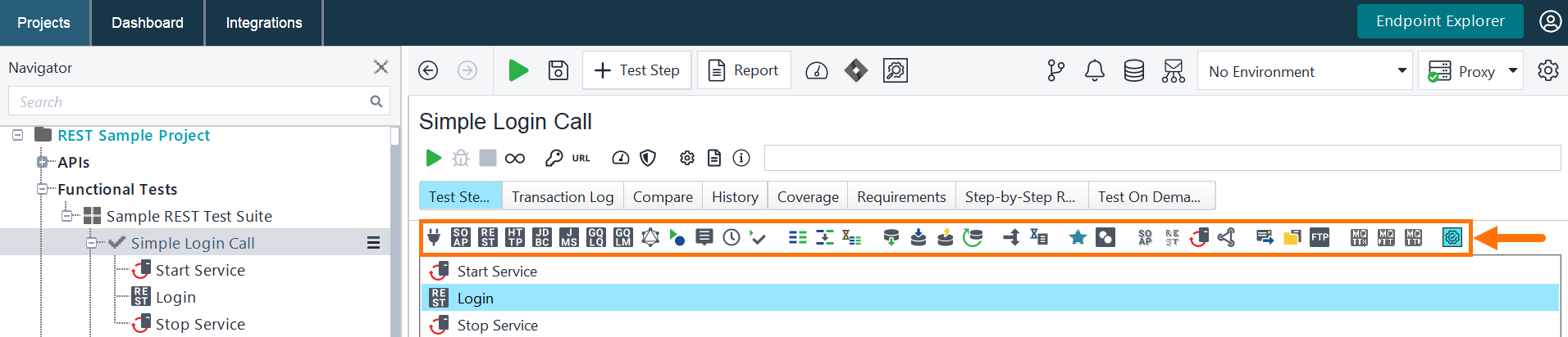 Add a Test Step Using the Toolbar Screenshot of ReadyAPI showing how to add a test step at the end of a test case using the toolbar.