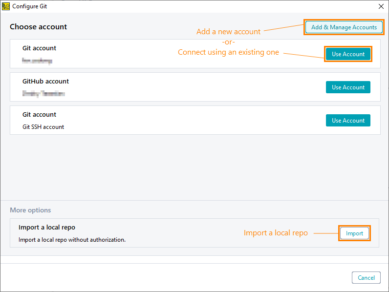 Clone project from Git: Select an account