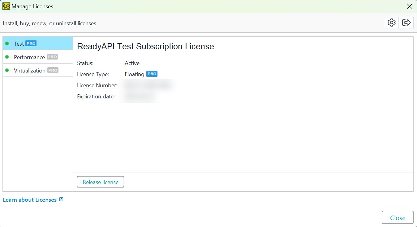 Screenshot of ReadyAPI showing the license installed screen.