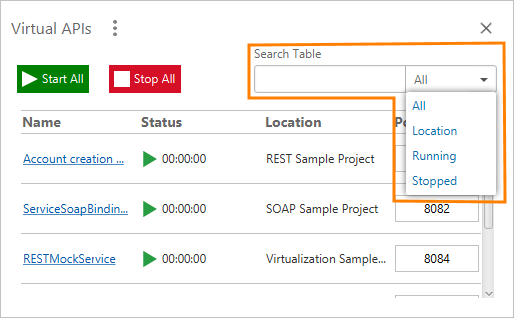 ReadyAPI Dashboard: Search for a virtual API