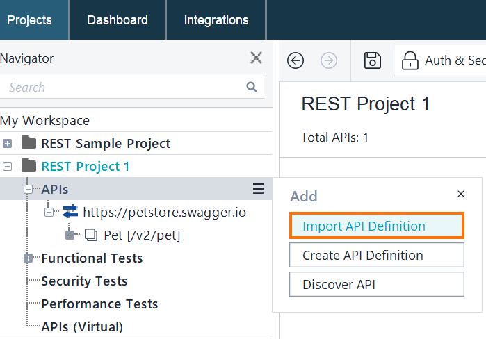 Context menu in ReadyAPI showing the Import API Definition option