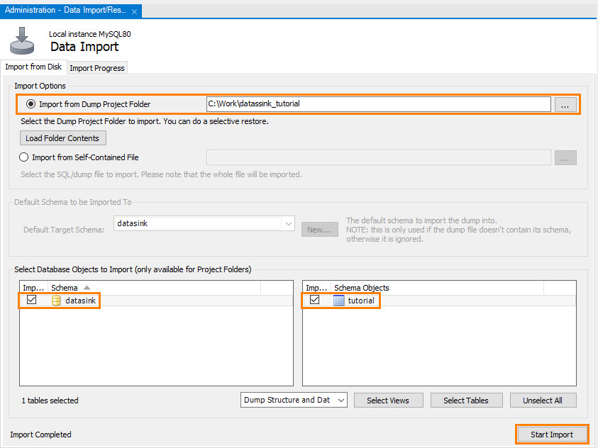 MySQL Workbench: The Data Import window MySQL Workbench: The Data Import window