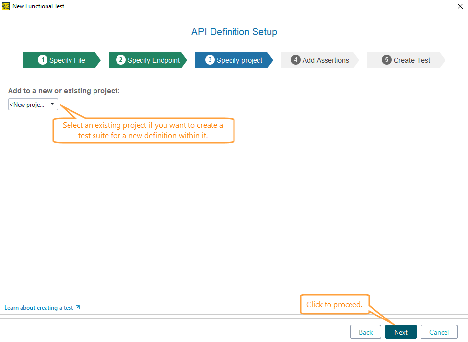 Creating API functional tests in ReadyAPI: Specify project