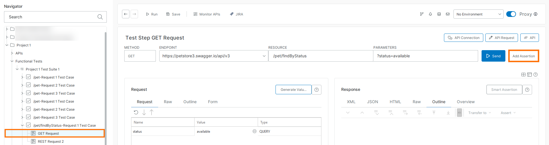 Select a request and click Add Assertion ReadyAPI interface showing a selected GET request in the Navigator and the Add Assertion button in the request editor.