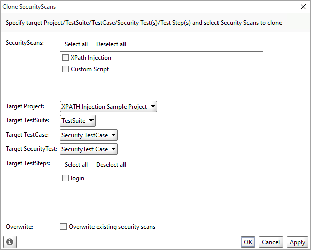ReadyAPI: The Clone SecurityScans dialog ReadyAPI: The Clone SecurityScans dialog