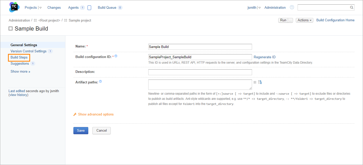 TeamCity: The Build Steps tab link