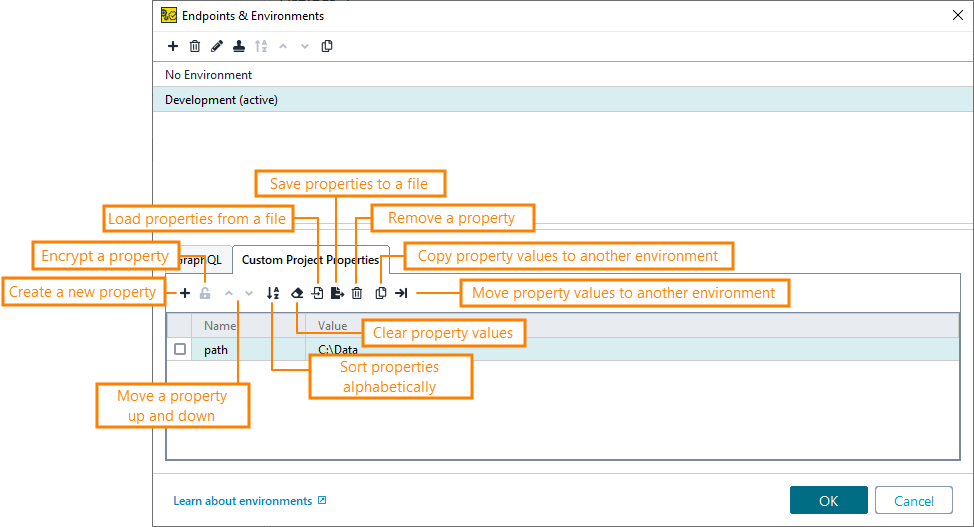 ReadyAPI: The Custom Project Properties tab of the Environments editor ReadyAPI: The Custom Project Properties tab of the Environments editor