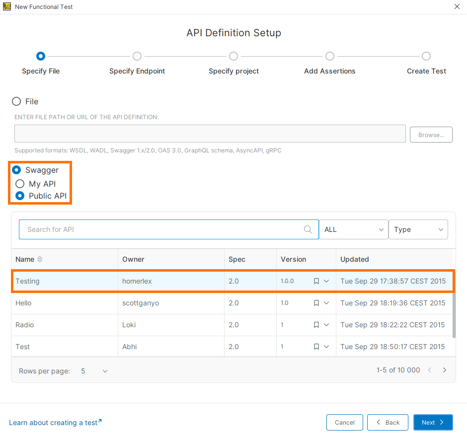 Select API from SwaggerHub (Public API) API Definition Setup dialog showing the Swagger Public API option with a list of available APIs.