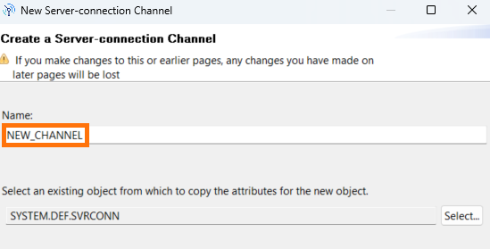 Dialog box in IBM MQ Explorer with input field to enter the server-connection channel name