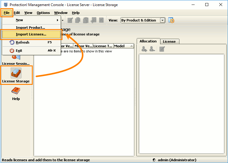 Console: Selecting Import Licenses from the menu