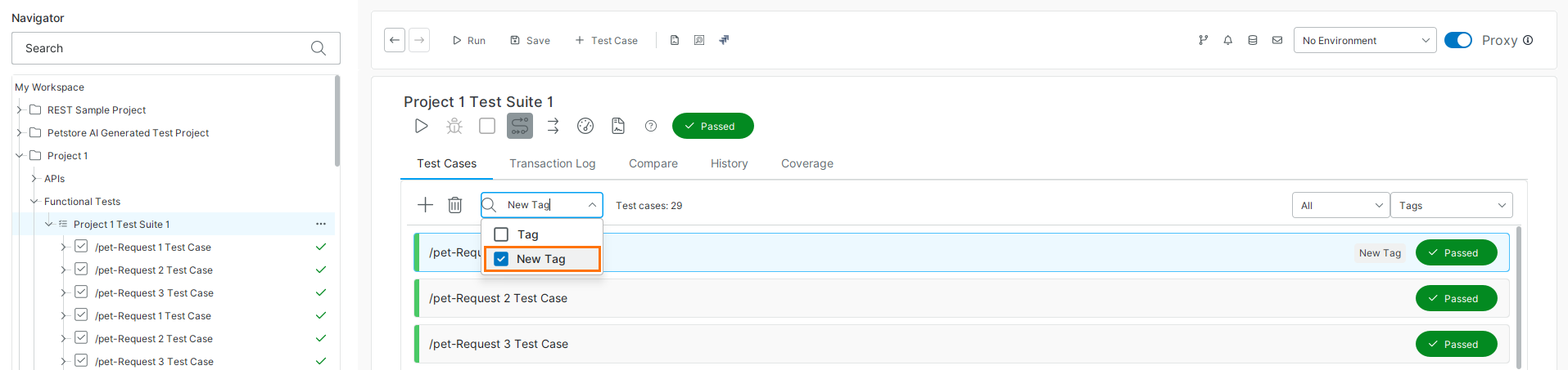 Test Case Editor showing the Assign Tags control used to apply tags to the selected test case.