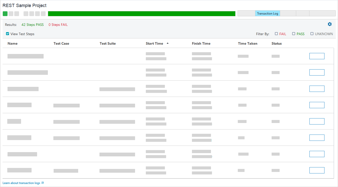 ReadyAPI: The Transaction Log page