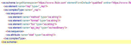 Initial XML Schema Generated from Valid Flickr API Request XML schema definition for the Flickr API response showing the initial _rsp complex type with method, format, foo as xs:string elements, api_key as xs:hexBinary, and a stat attribute of xs:string type. No optional elements or error types are defined.