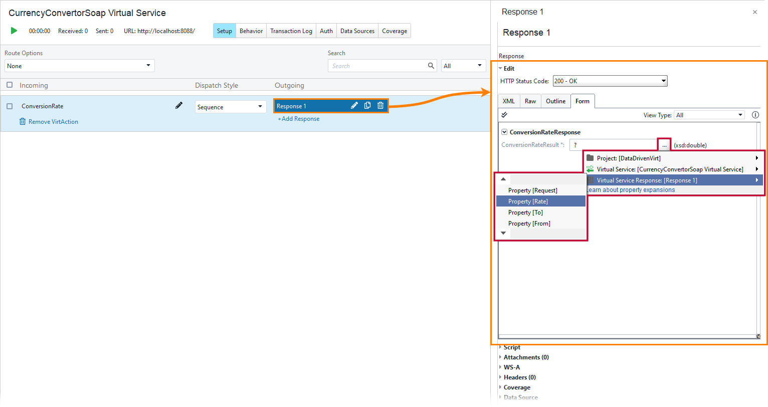 Service virtualization and API testing: Inserting property reference from the menu Service virtualization and API testing: Inserting property reference from the menu