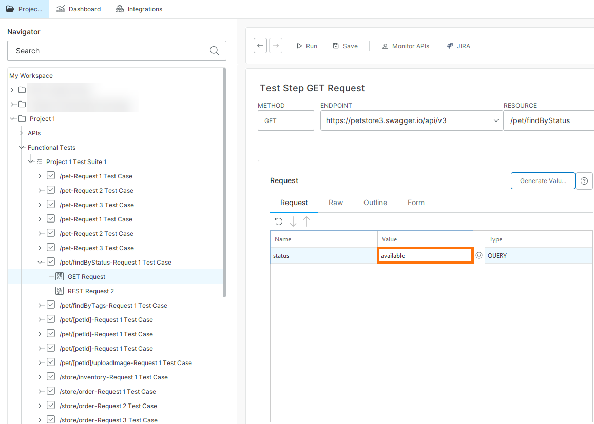 Edit request parameter value in ReadyAPI request editor Request editor showing the status query parameter updated to available.
