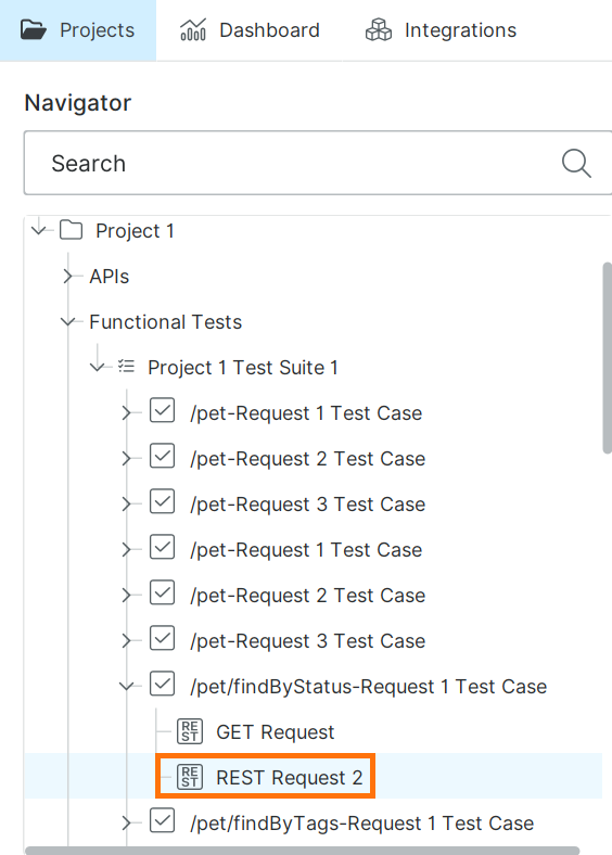 New REST request added to test case in ReadyAPI Navigator Navigator panel showing REST Request 2 added under a test case.