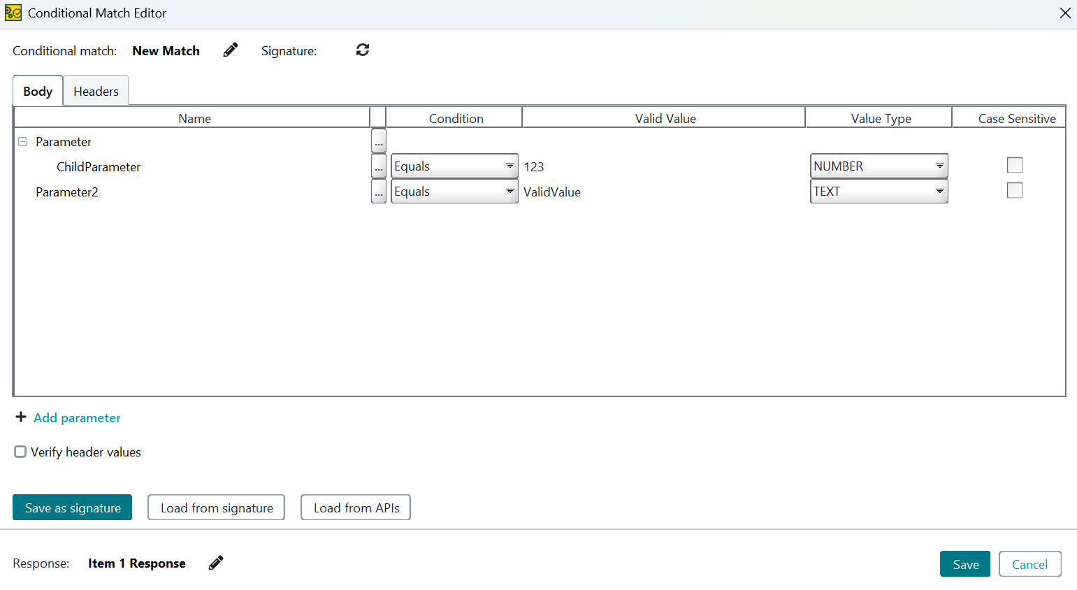 Screenshot of ReadyAPI showing parameters with automatically set types and 'equals' conditions