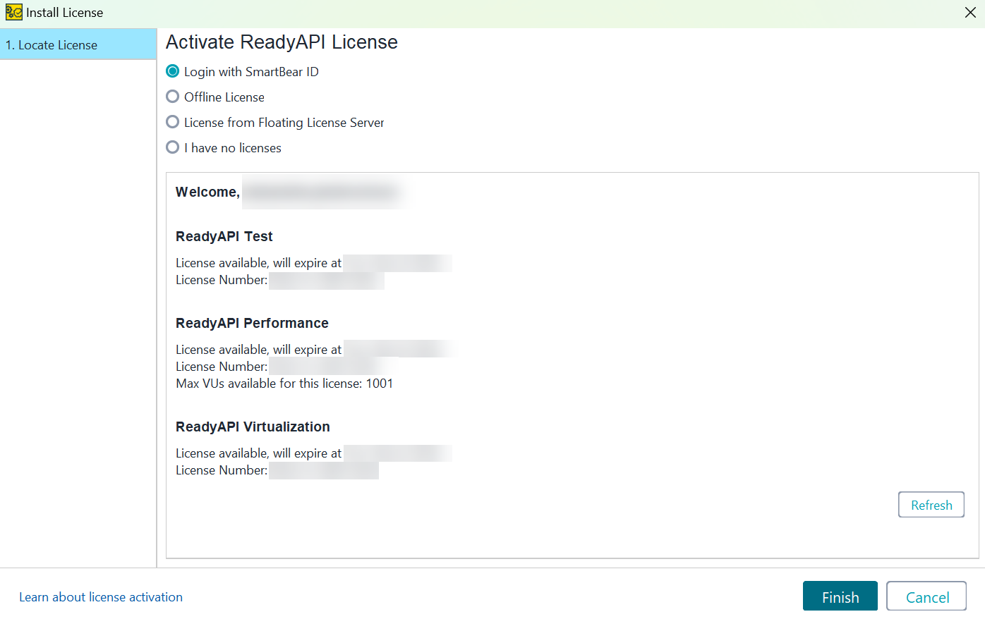 Screenshot of ReadyAPI showing the Install License dialog after logging in with a SmartBear ID, displaying available licenses for ReadyAPI Test, ReadyAPI Performance, and ReadyAPI Virtualization.