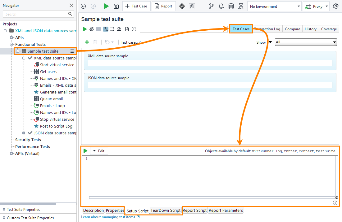 Test suite-level setup and teardown editors