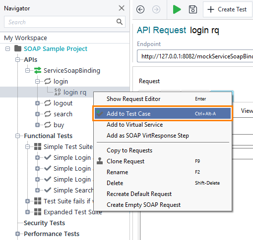 SOAP testing in ReadyAPI: Adding SOAP Request test step by using the context menu