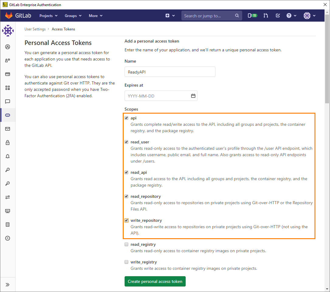 Add a Git account: Generate GitLab token