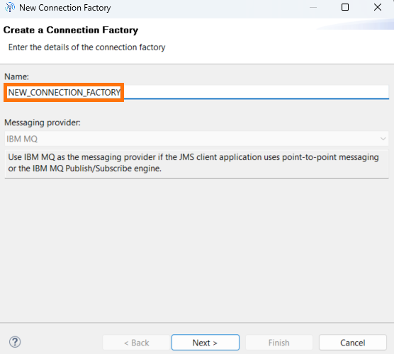 Dialog box in IBM MQ Explorer with input field to enter the connection factory name