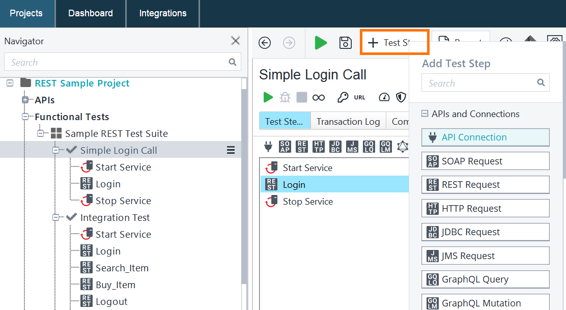 Add a Test Step Using + Test Step Screenshot of ReadyAPI showing how to add a test step using + Test Step.