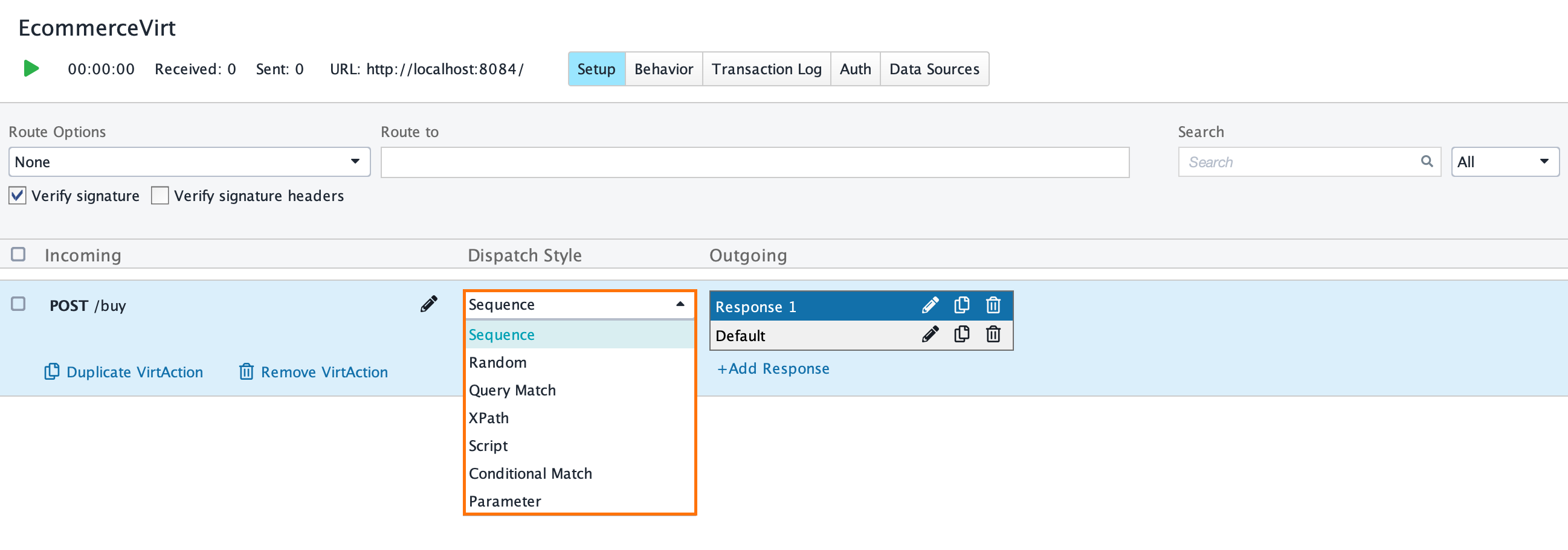 Service virtualization and API testing: Dispatch settings