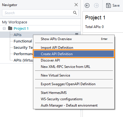 API testing: Creating API definition via context menu
