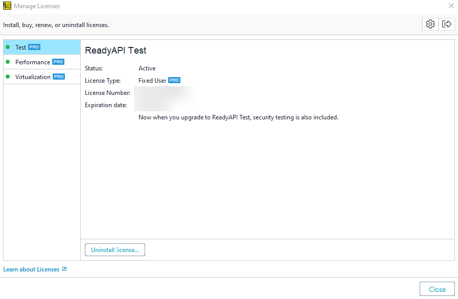 Screenshot of ReadyAPI showing an active Fixed User license with status set to Active in the License Manager.