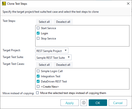 Clone Test Steps dialog Clone Test Steps dialog