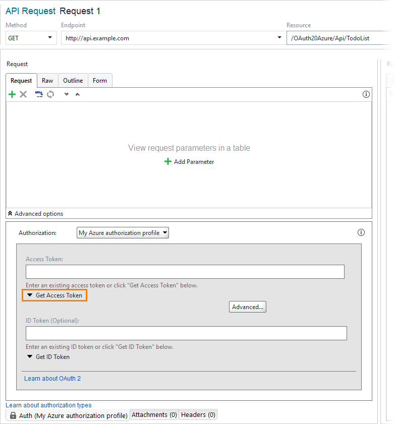 Azure OAuth 2.0 authentication tutorial: Created authorization profile