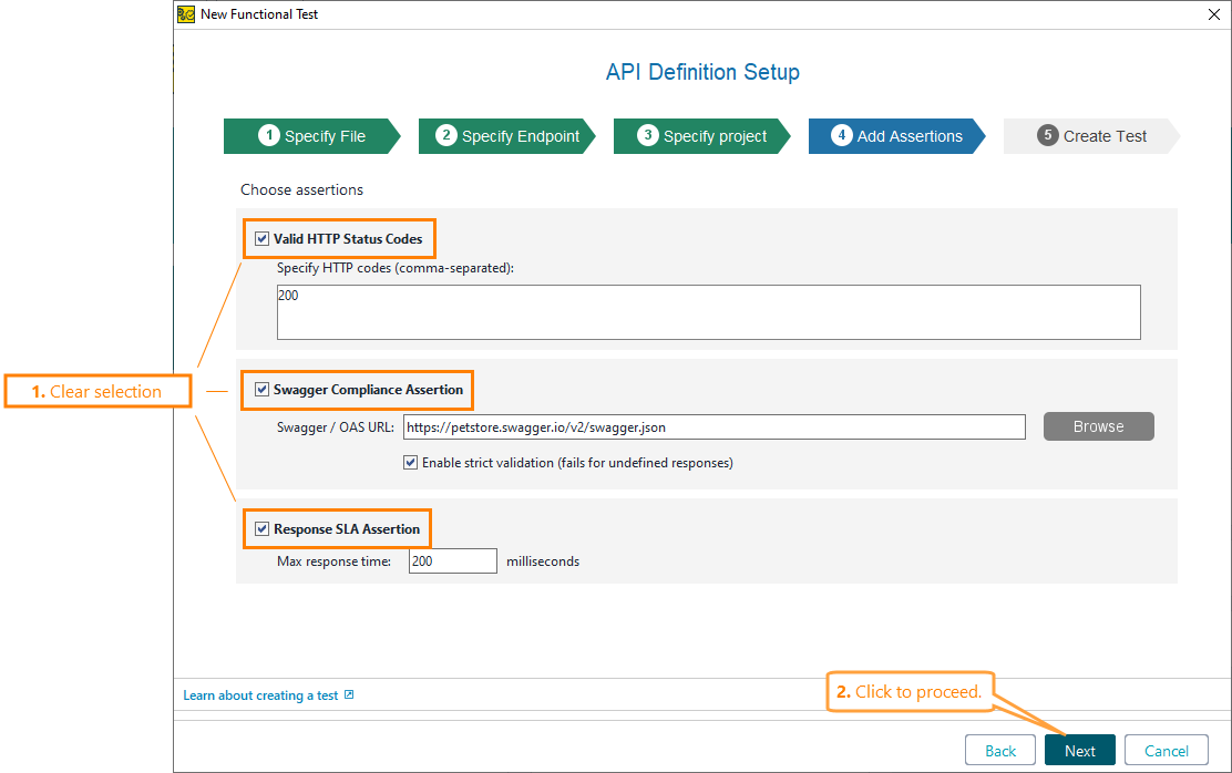 Creating API functional tests in ReadyAPI: The Add assertions page