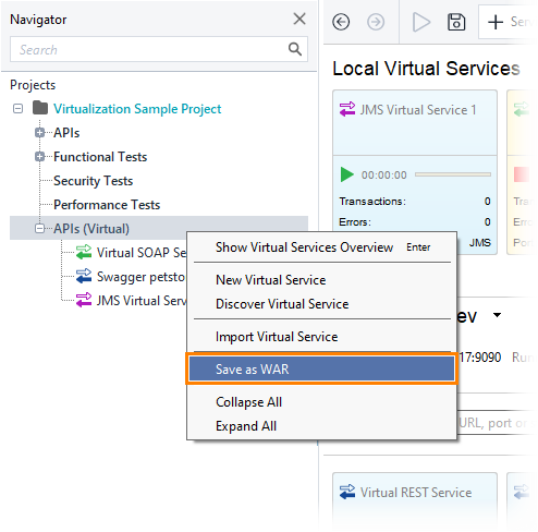Service virtualization and API testing: Save as WAR command (context menu) Service virtualization and API testing: Save as WAR command (context menu)