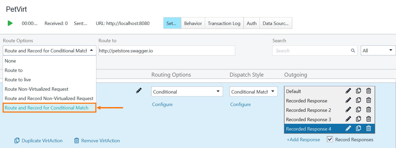 Route Options drop-down with "Route and Record for Conditional Match" selected in the service editor