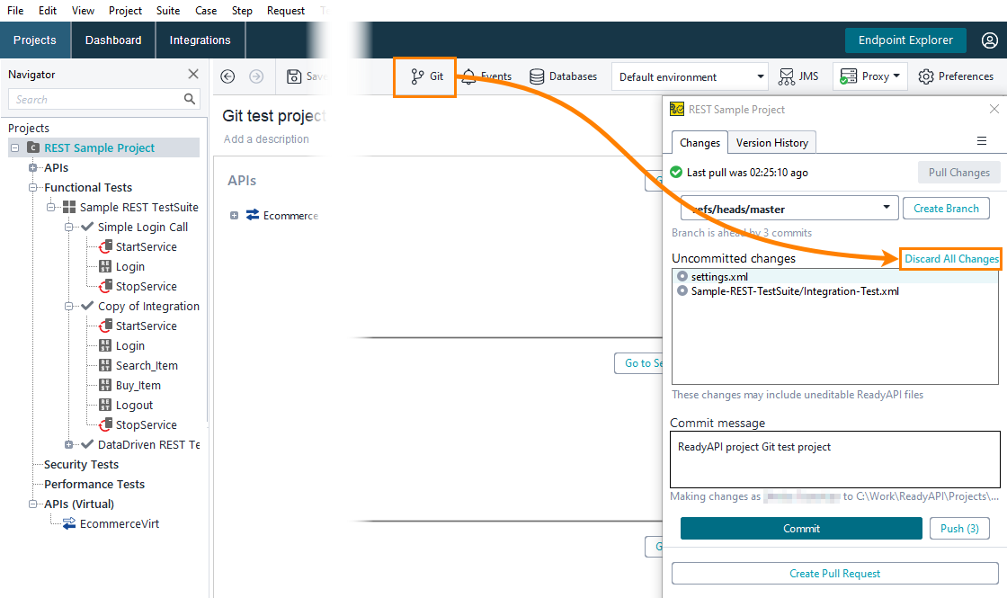 Git integration in ReadyAPI: Discard changes in Git panel