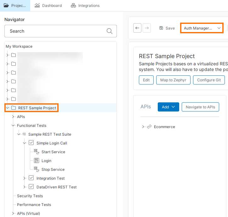 ReadyAPI project view showing the REST Sample Project selected in the Navigator panel, with the Auth Manager button highlighted in the toolbar.