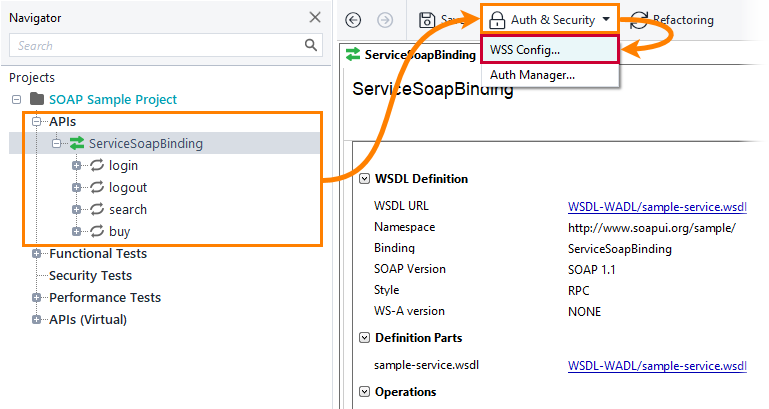 SOAP API testing: The WSS config button on the toolbar