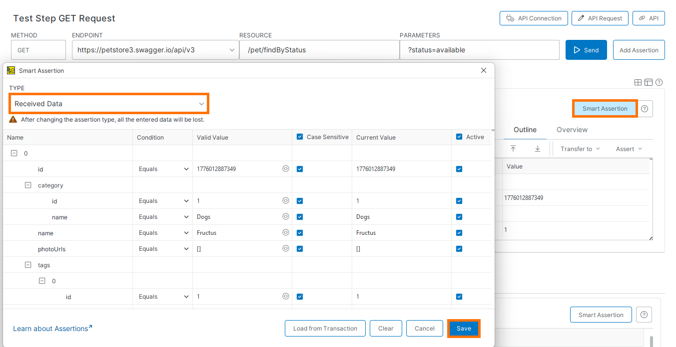 Open Smart Assertion from response editor Smart Assertion dialog opened from the response editor in ReadyAPI.