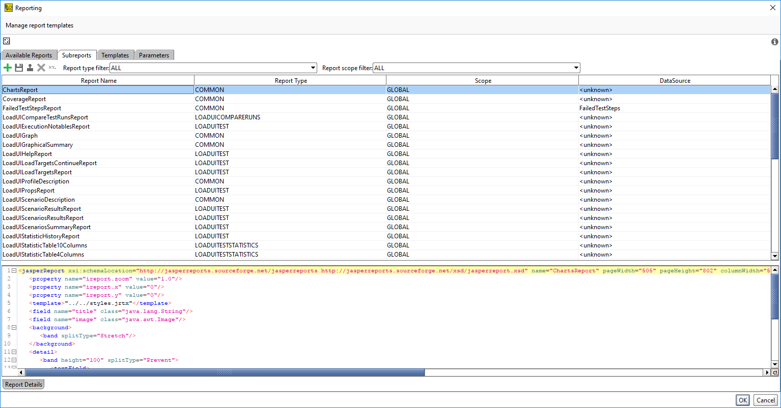 ReadyAPI: The Subreports tab of the Reporting window ReadyAPI: The Subreports tab of the Reporting window